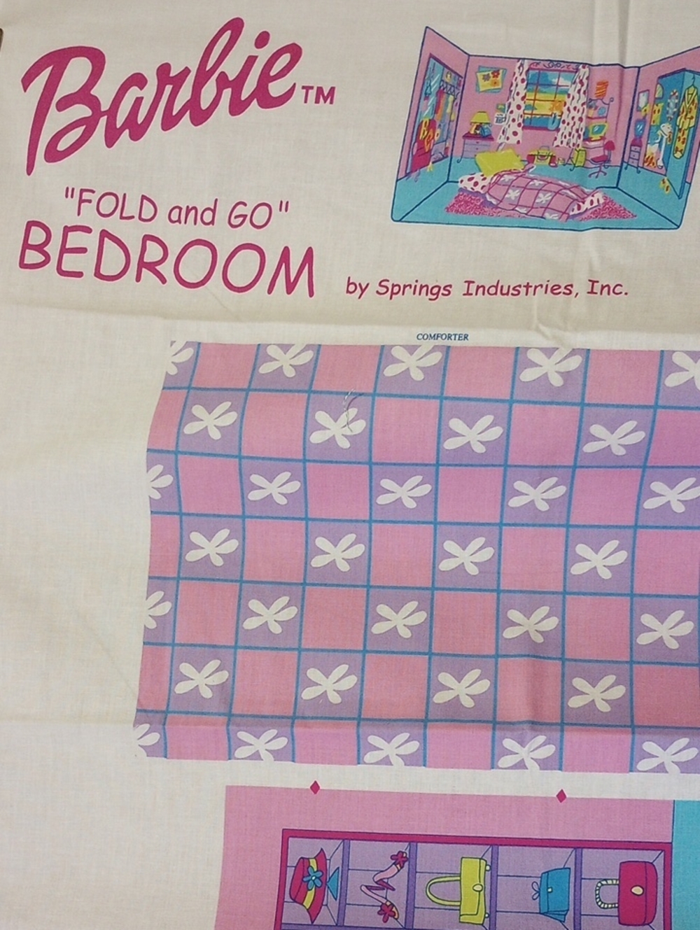 RARE Barbie "Fold and Go" Bedroom Fabric Panel to Make A Colorful Doll Room!
